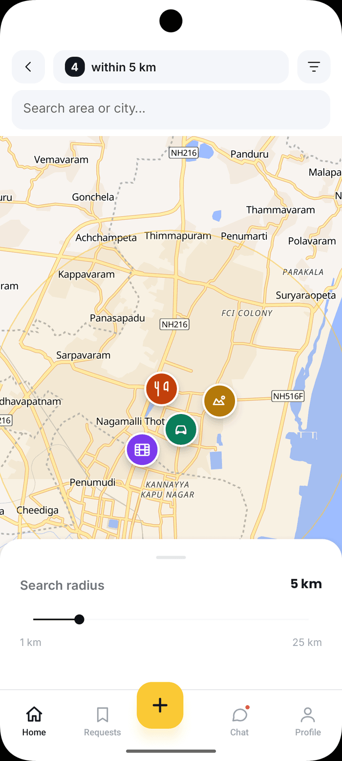 YOYU Map View showing nearby plans pinned on a live map